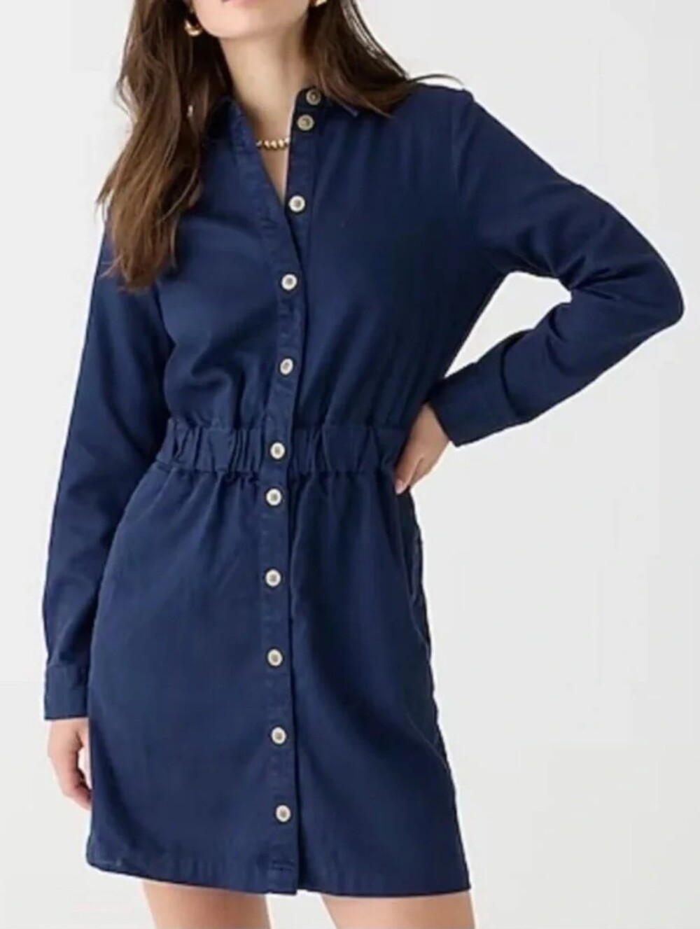 J. Crew Navy Button-Front Elastic-Waist Shirtdress
